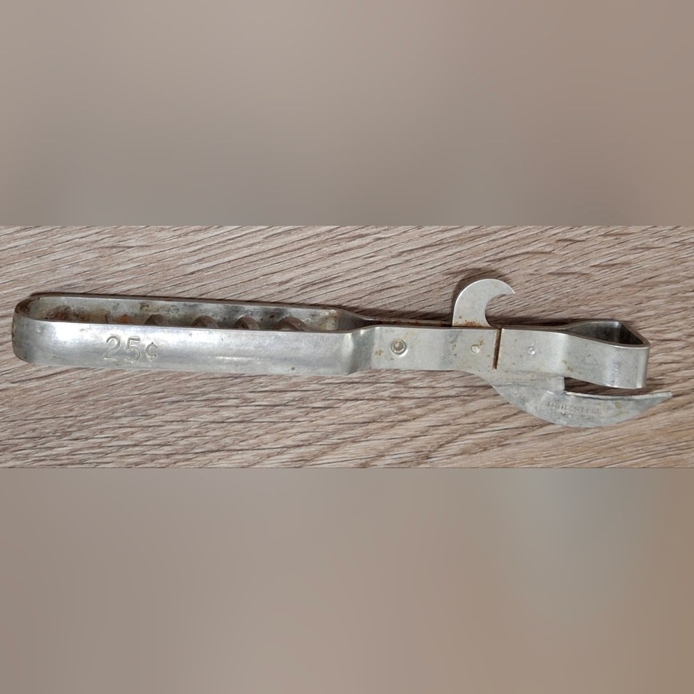 VINTAGE TOOL STEEL CORK SCREW, CAN TOP & BOTTLE CAP OPENER.